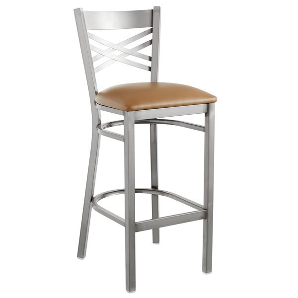 10 PACK Cross Back Clear Coat Metal Restaurant Barstool With Brown Vinyl Seat