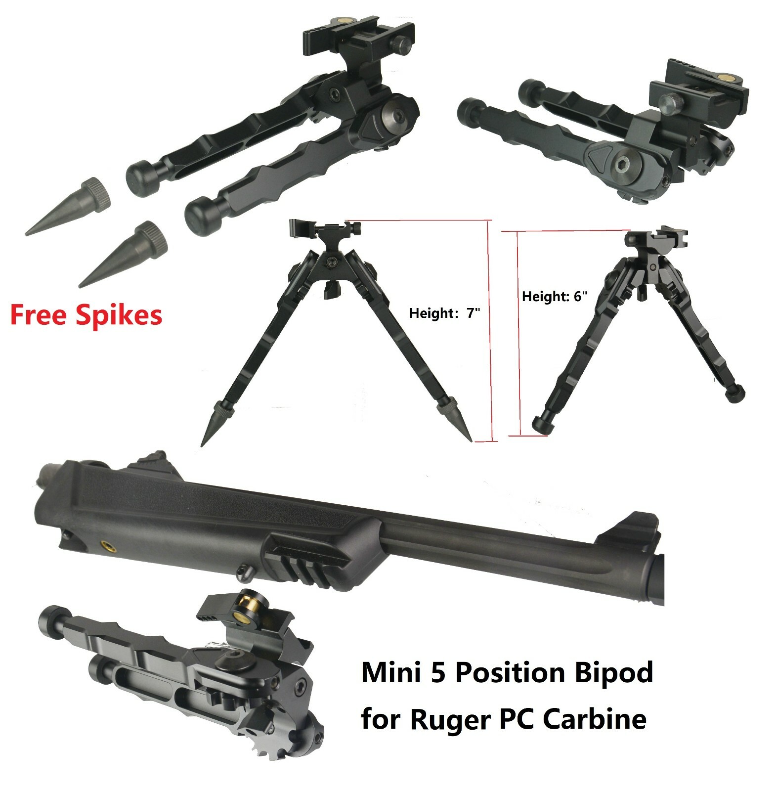 Mini Bipod For Ruger PC Carbine Anodized Black, 5 Positions, Quick Detachable