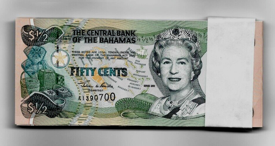 BAHAMAS 0.50 1/2 DOLLAR P-68 2001 x 100 Pcs Lot BUNDLE QUEEN UNC Currency NOTE