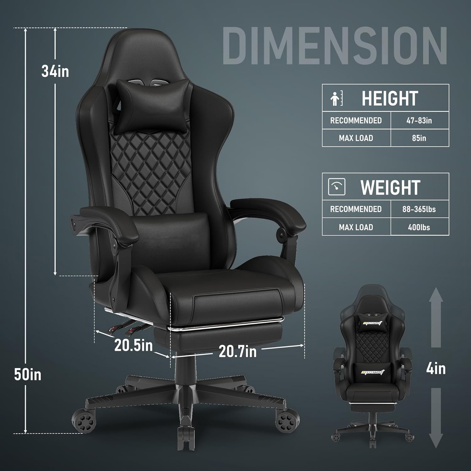 Gaming Chair with Footrest and Lumbar Support Height Adjustable Gaming Chair