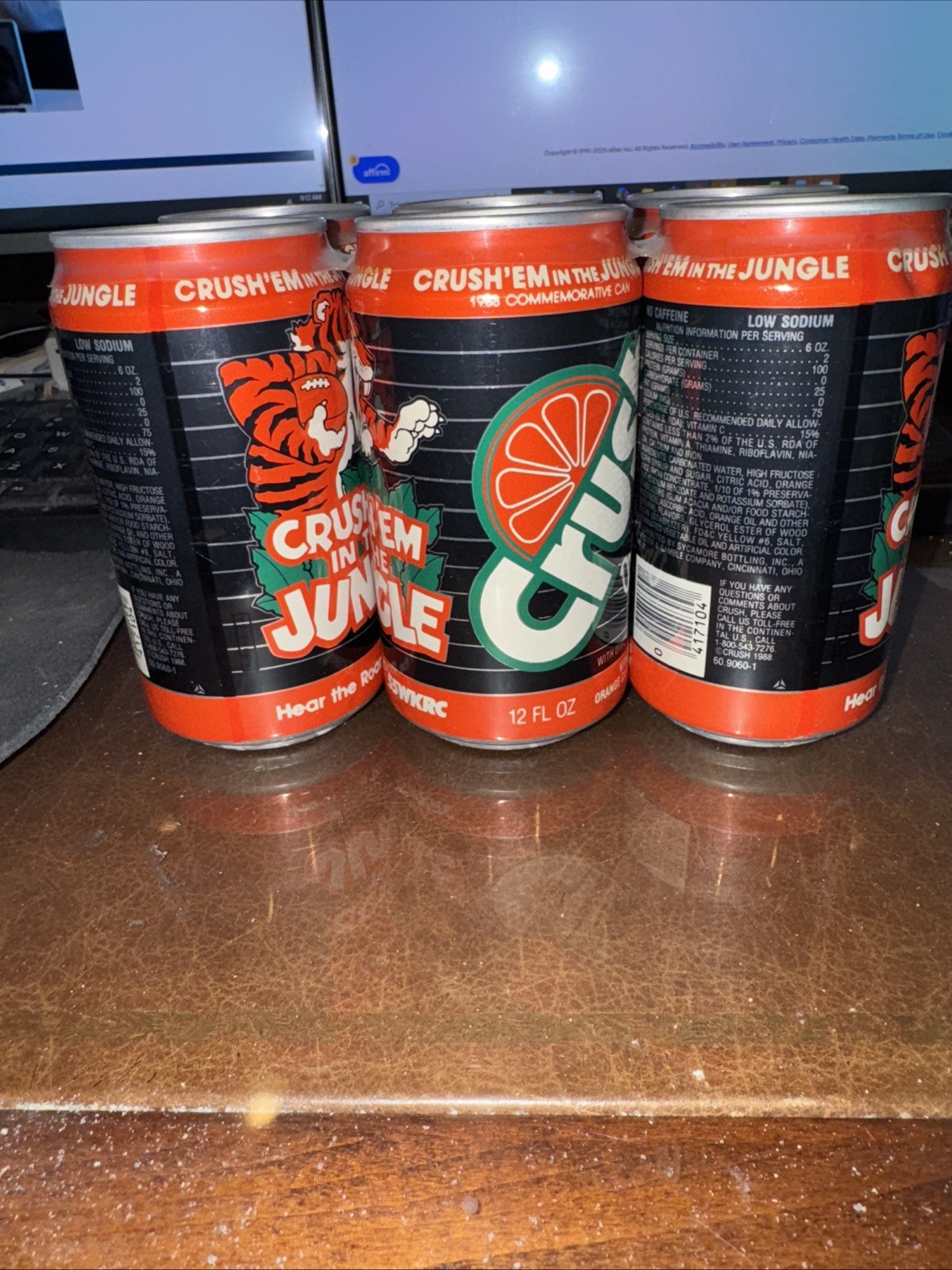 RARE Vintage ORANGE CRUSH 'EM IN THE JUNGLE SODA CANS CINCINNATI BENGALS, 6 PACK