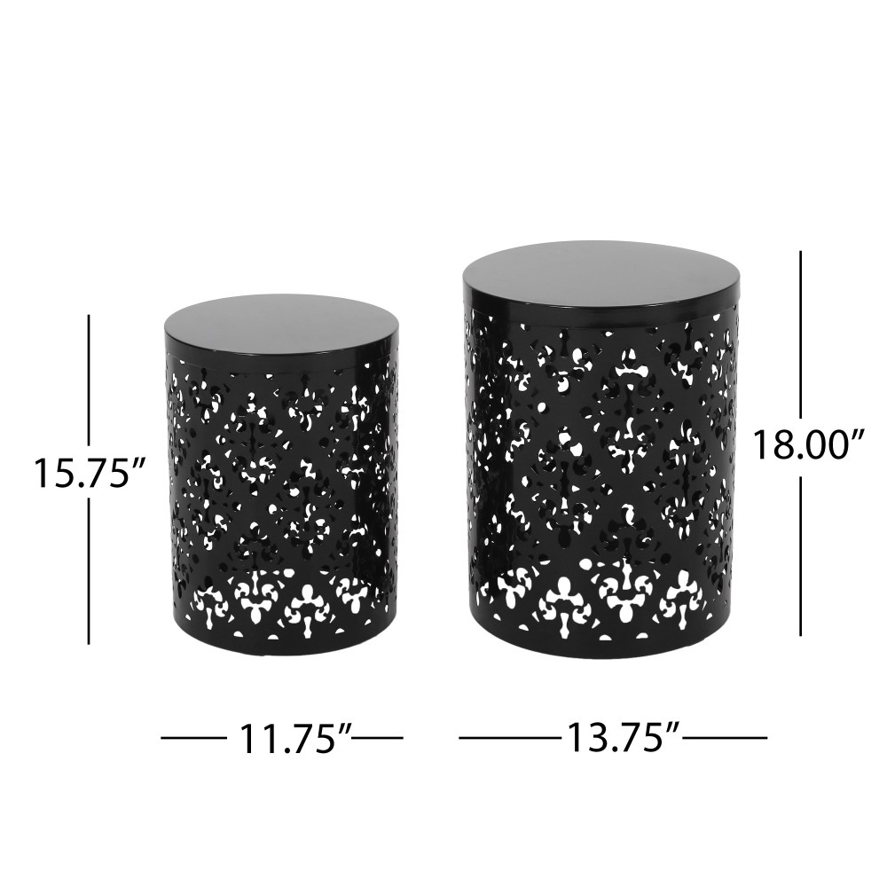 Modern Outdoor Side Table Set of 2, Navy Blue, Powder Coated Iron, No Cushions