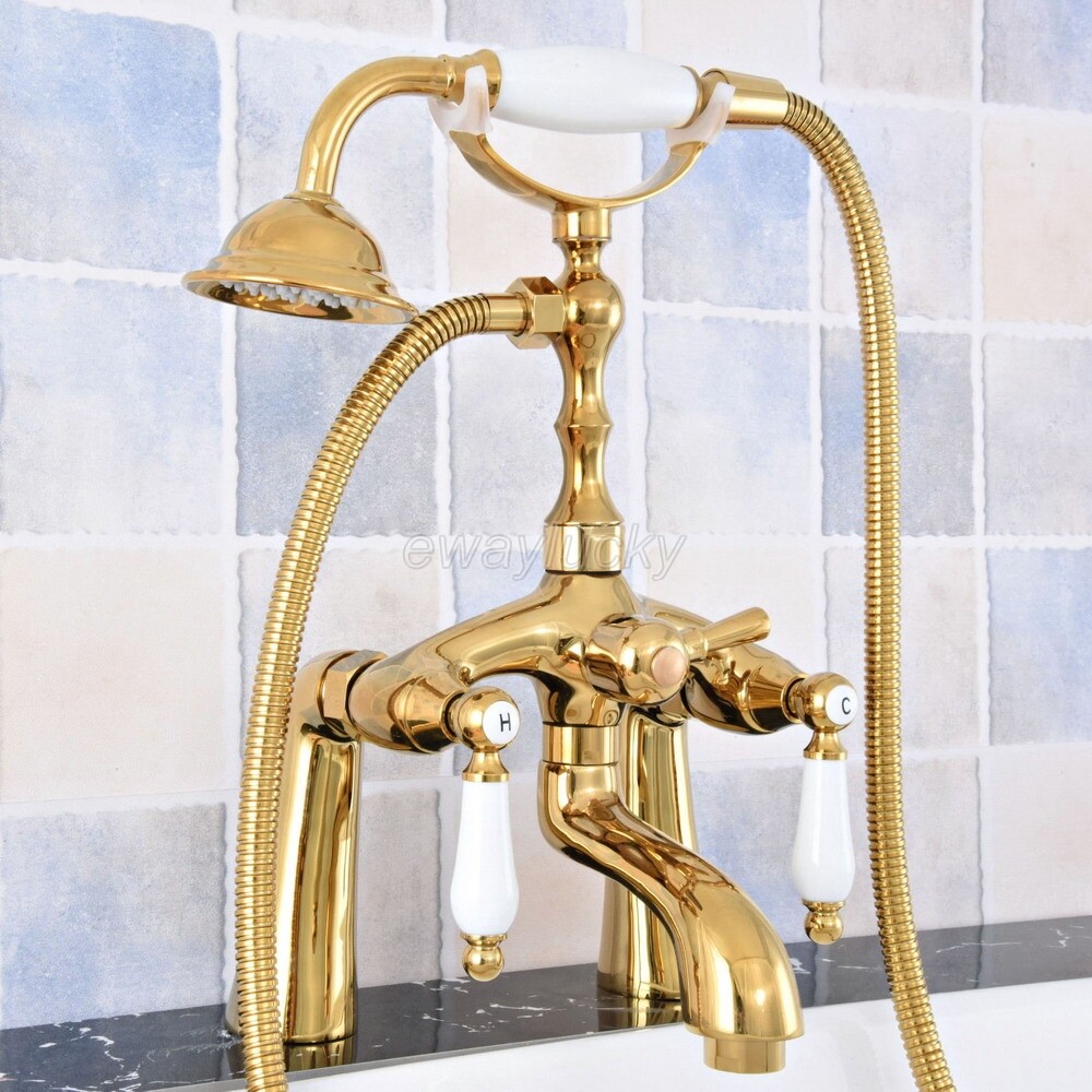 Luxury Gold Color Brass Deck Mount Bathtub Clawfoot Faucet w/Hand Shower Sprayer