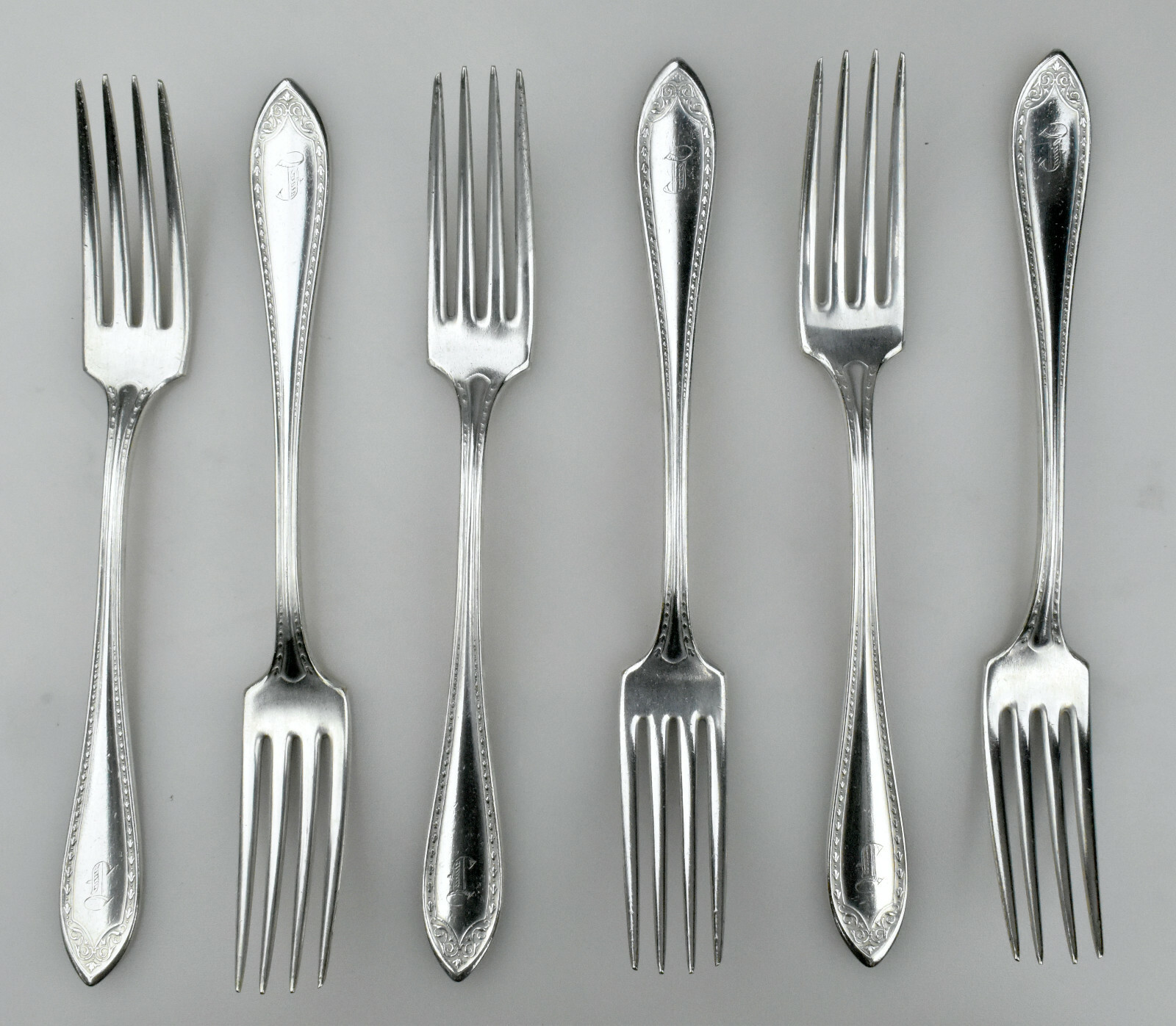 Six Oneida Silverplate SHERATON 1910 Dinner Forks Flatware "F" MONOGRAM