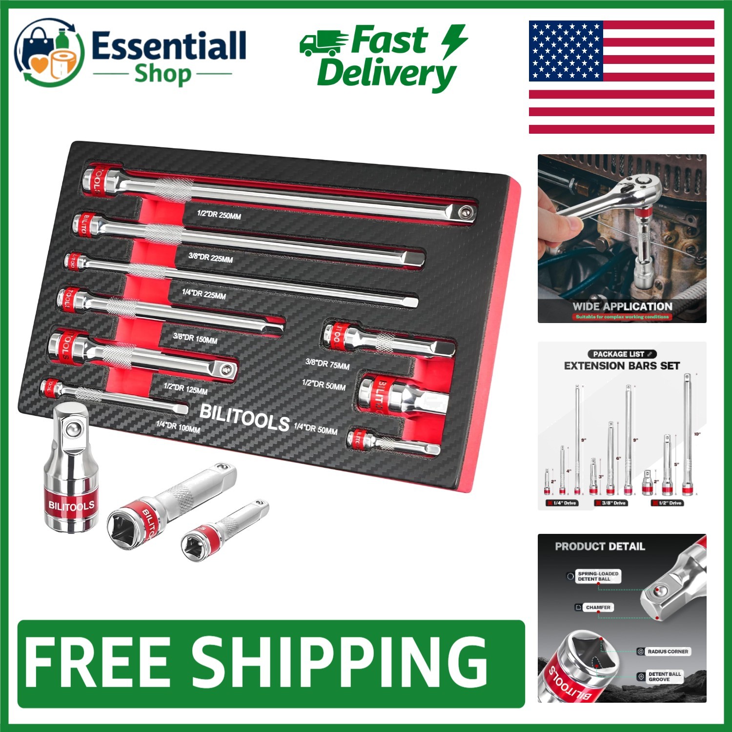 9 PCS Ratchet Extension Set - Chrome Vanadium Steel with Foam Tray
