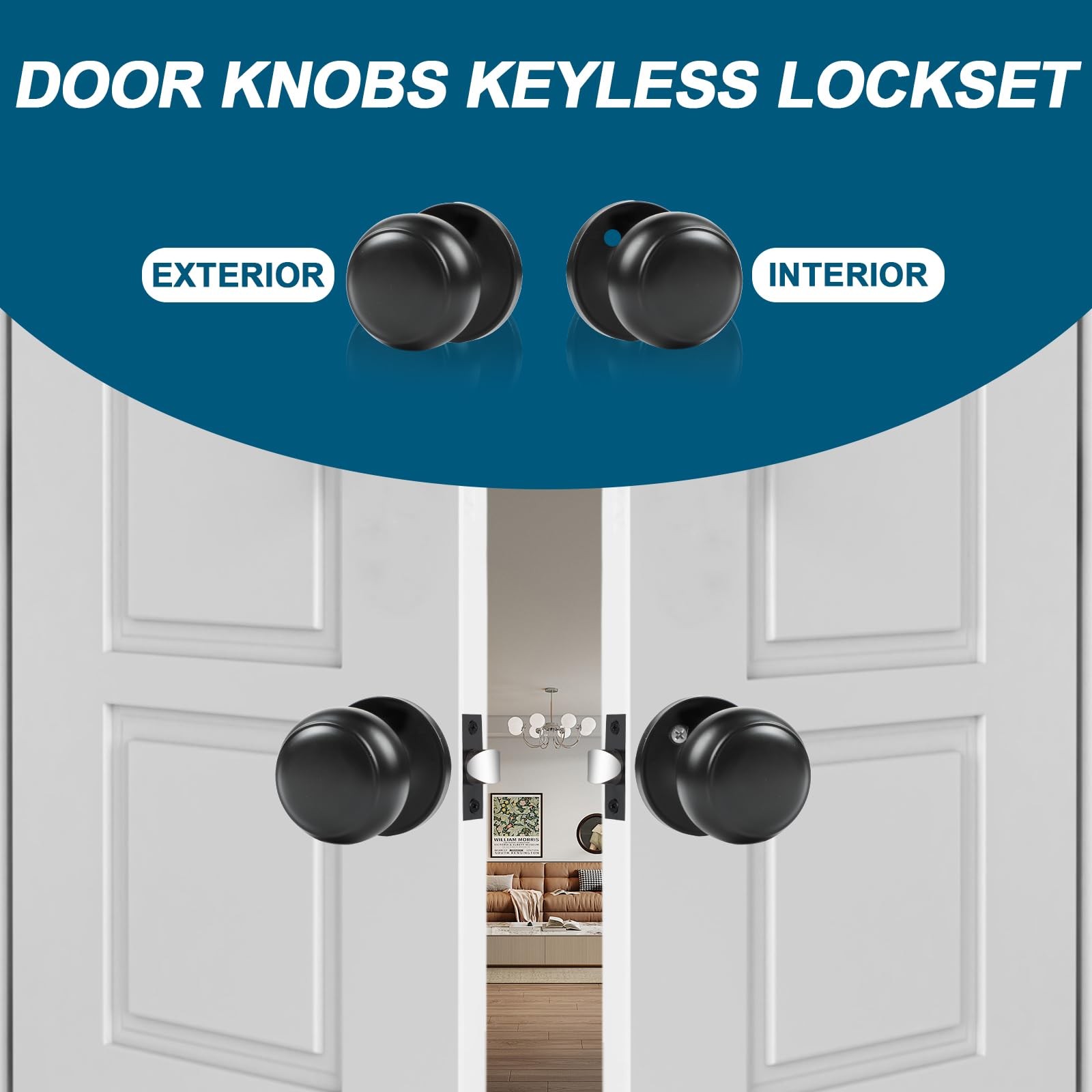 Passage Door Knobs, 4 Pack Matte Black Door Knobs, for Hallway & Closet Non-L...
