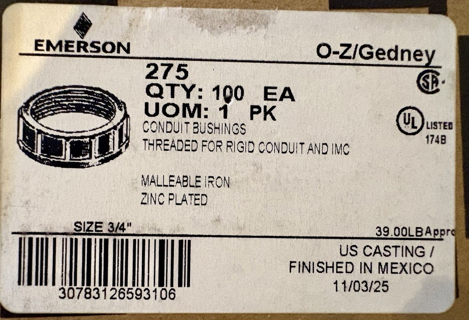 (100) New Appleton 275 3/4” Rigid Conduit Bushings, Zinc Plated