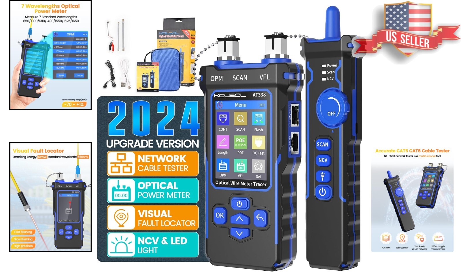 Multi-Function Blue Ethernet Tester - Visual Fault Locator & Non-Contact Voltage
