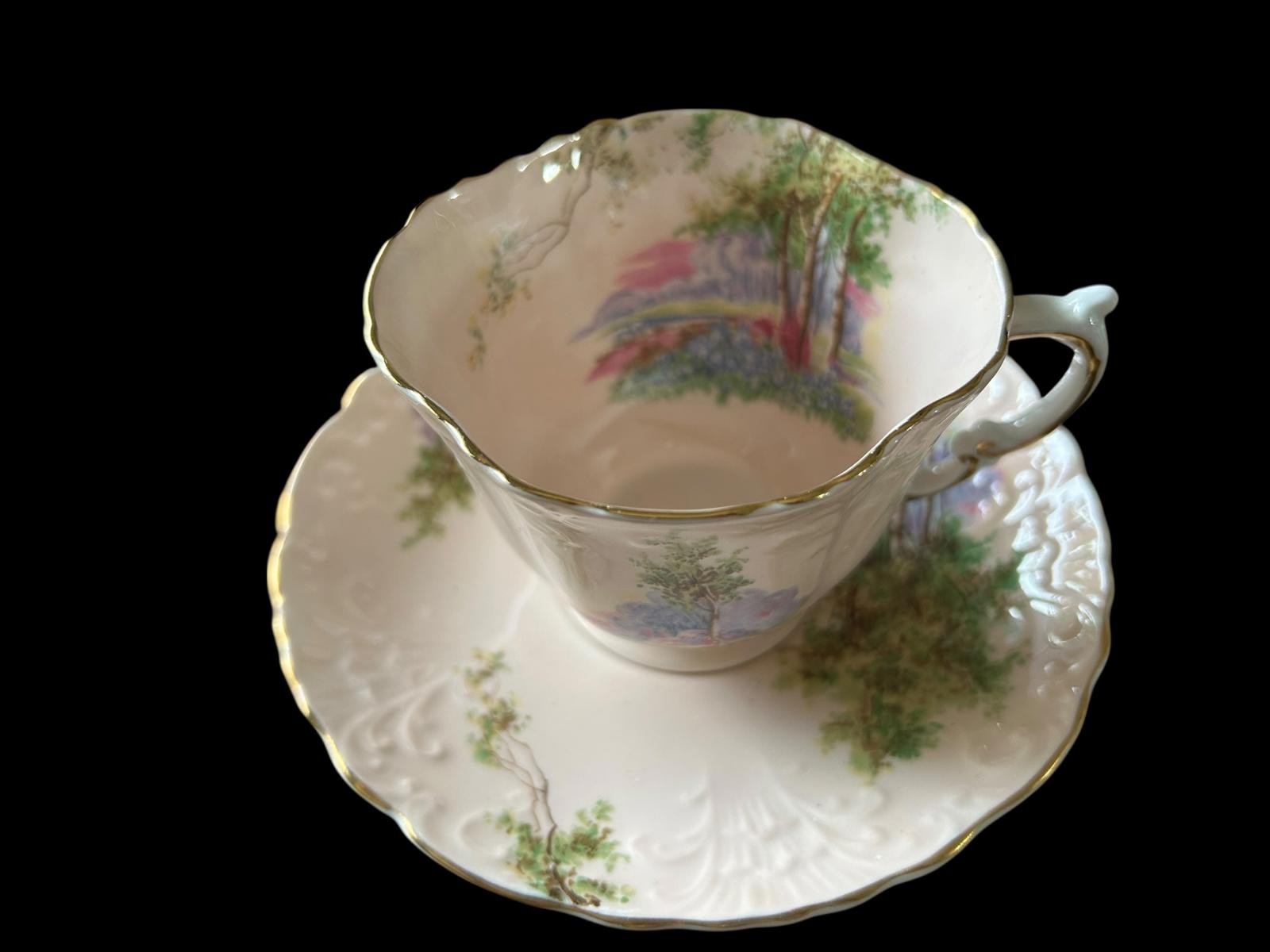 Vintage Porcelain Tea Cup/Saucer Set w Scenic Tree Design Aynsley Bluebell Time