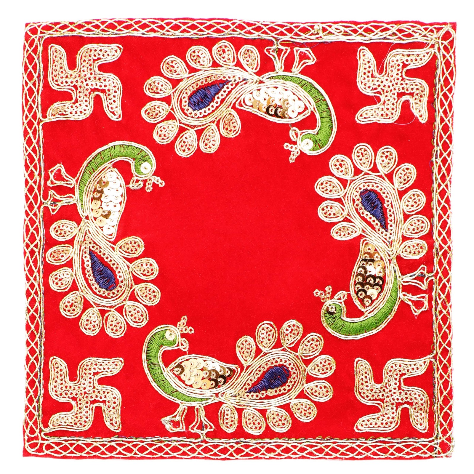 Red Velvet Pooja Mat Aasan Set of 2 Decorative Puja Cloth Item for Multipurpo...