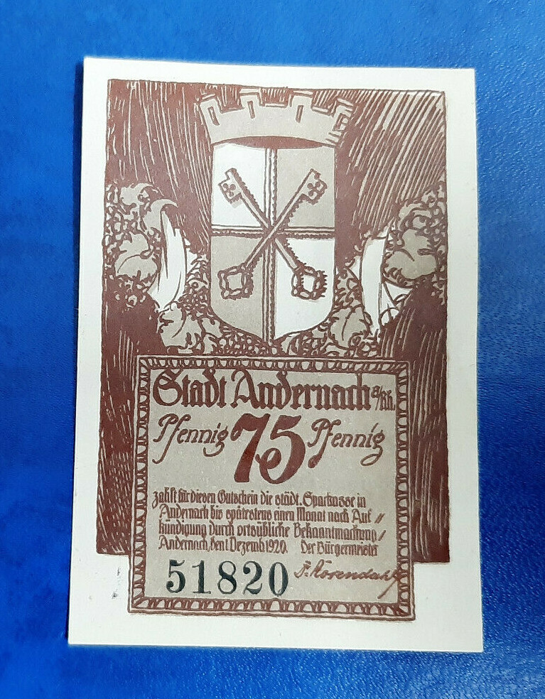 ANDERNACH NOTGELD 75 PFENNIG 1920 EMERGENCY MONEY GERMANY BANKNOTE (17341)