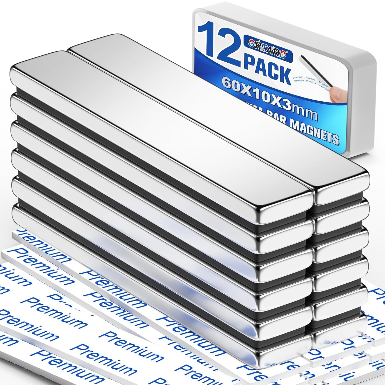 Grtard 12Pack Strong Neodymium Bar Magnets with Double-Sided Adhesive, Powerful