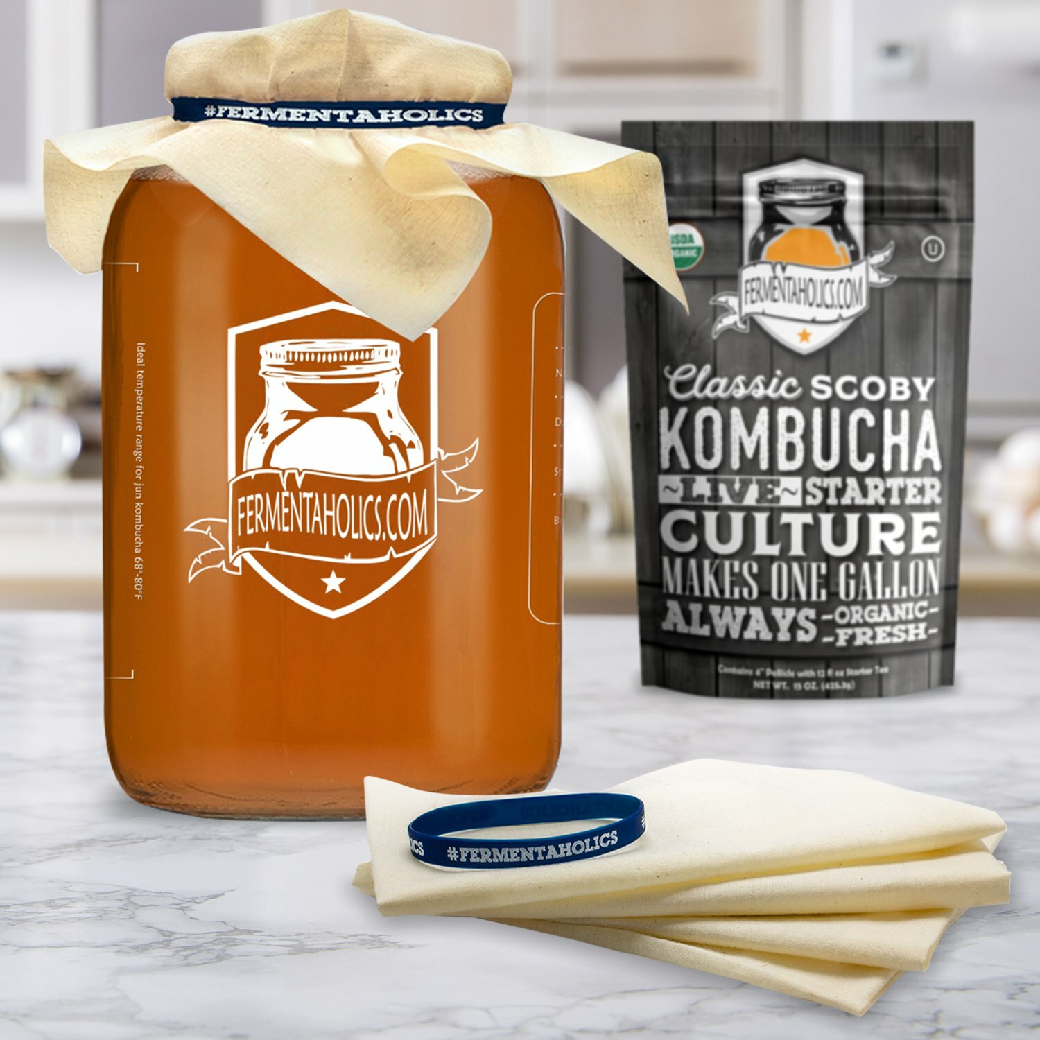 Unbleached Muslin Kombucha Covers - 4 Pack with Rubber Bands