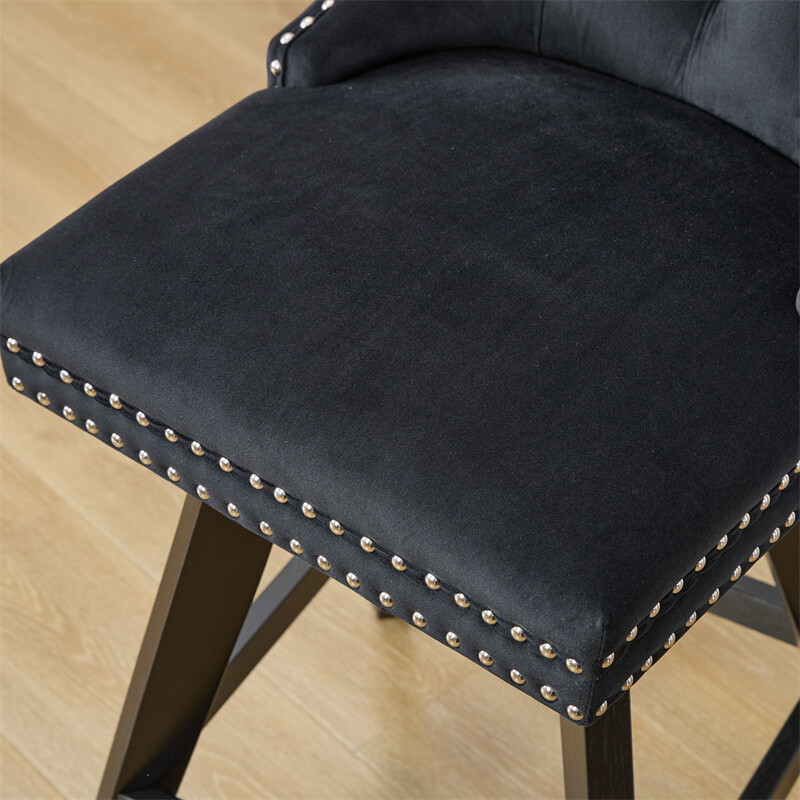 Set of 2 Swivel Velvet Barstools w/Button Tufted Decoration & Wooden Legs Black