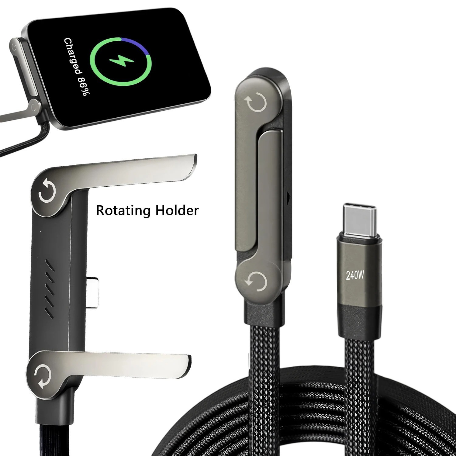 USB C Cable 240W Fast Charging 2 in 1 Foldable Phone Stand Holder Charger Cord