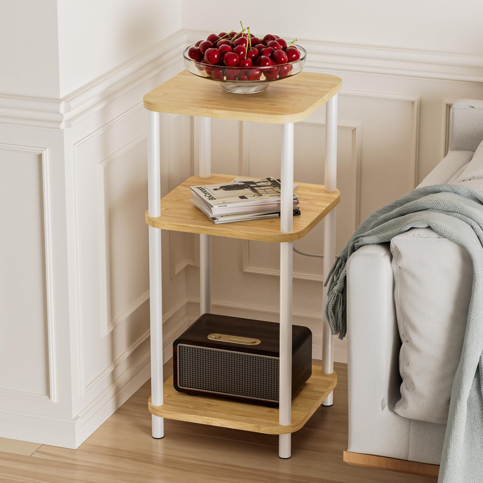 End Table with Charging Station, Side Table for Small Space, Small Table Stan...