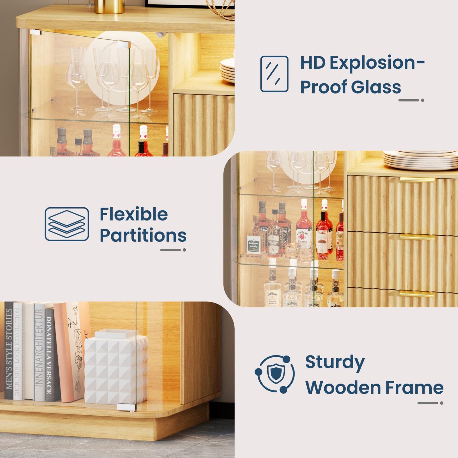 Rounded Display Cabinet with Glass Doors, Curio Cabinet with Human Body Sensor