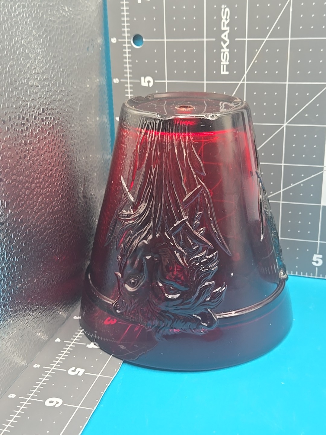 Vintage 5" Tall Ruby Red Glass Planter Eith Lion Head Flower Embossed Around It