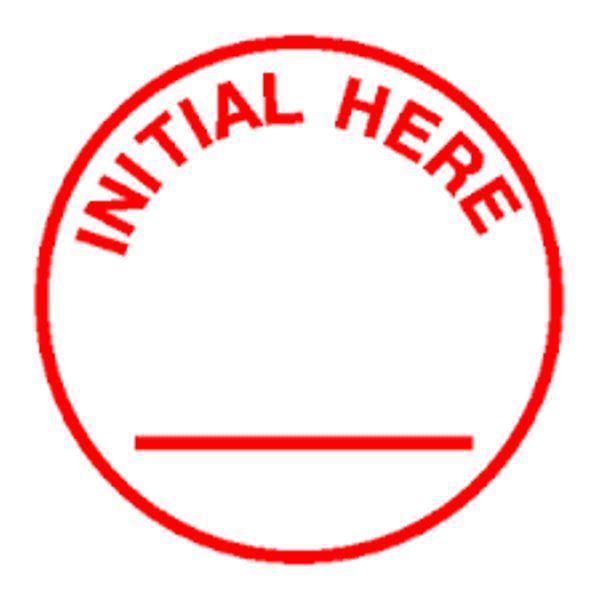 INITIAL HERE Stamp, Pre-inked Red, Shiny Brand, Round 5/8" Diameter Imprint