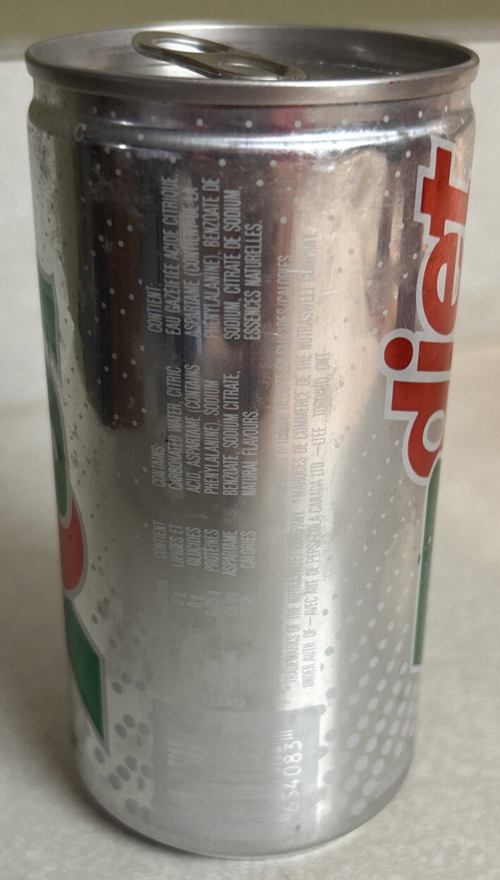 Vintage DIET 7UP 280ml. Empty Silver Pull Tab Aluminum Soda Can, CANADA