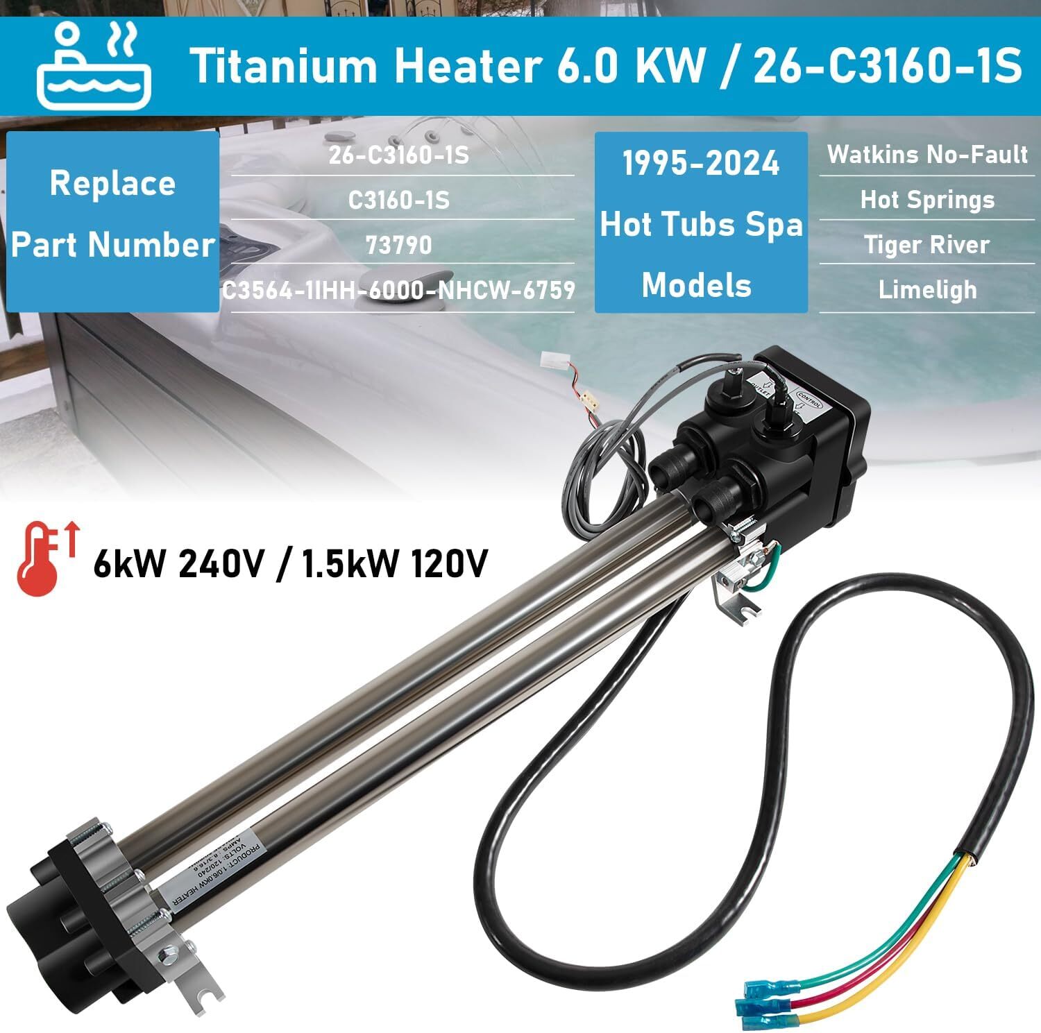 No-Fault Spa Heater for Hot Spring/Watkins 1995+ - 6kW Titanium w/Sensors- 73790