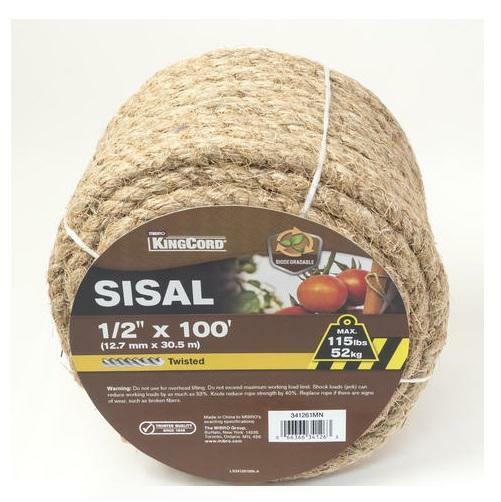 KingCord 341261MN  1/2" x 100' Natural Twisted Sisal Rope Max Work Load 115 lbs.