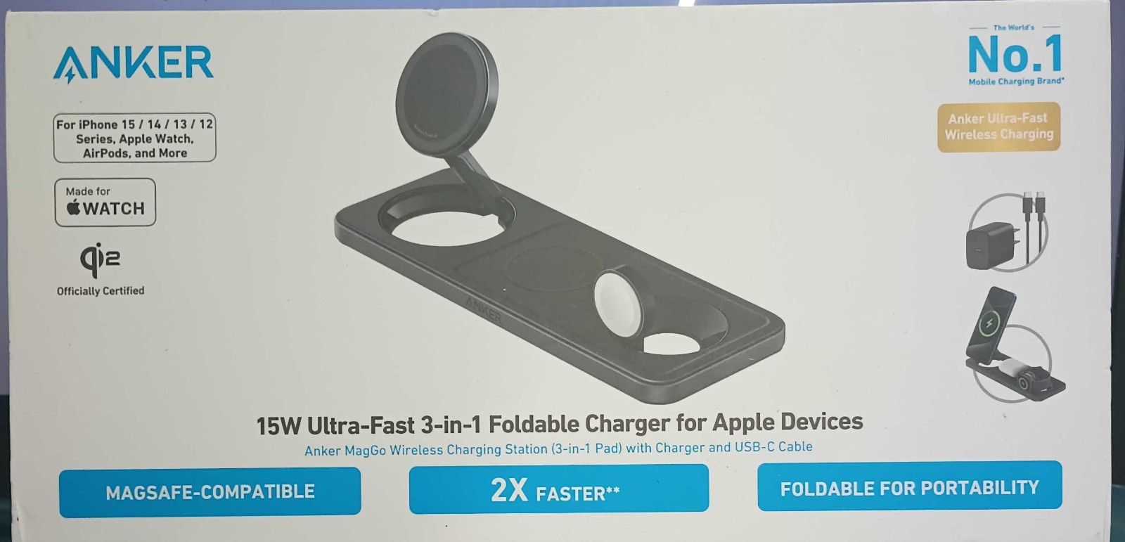 Anker - Wireless Charging Station (Qi 2.0, 15W, 3-in-1 - Black