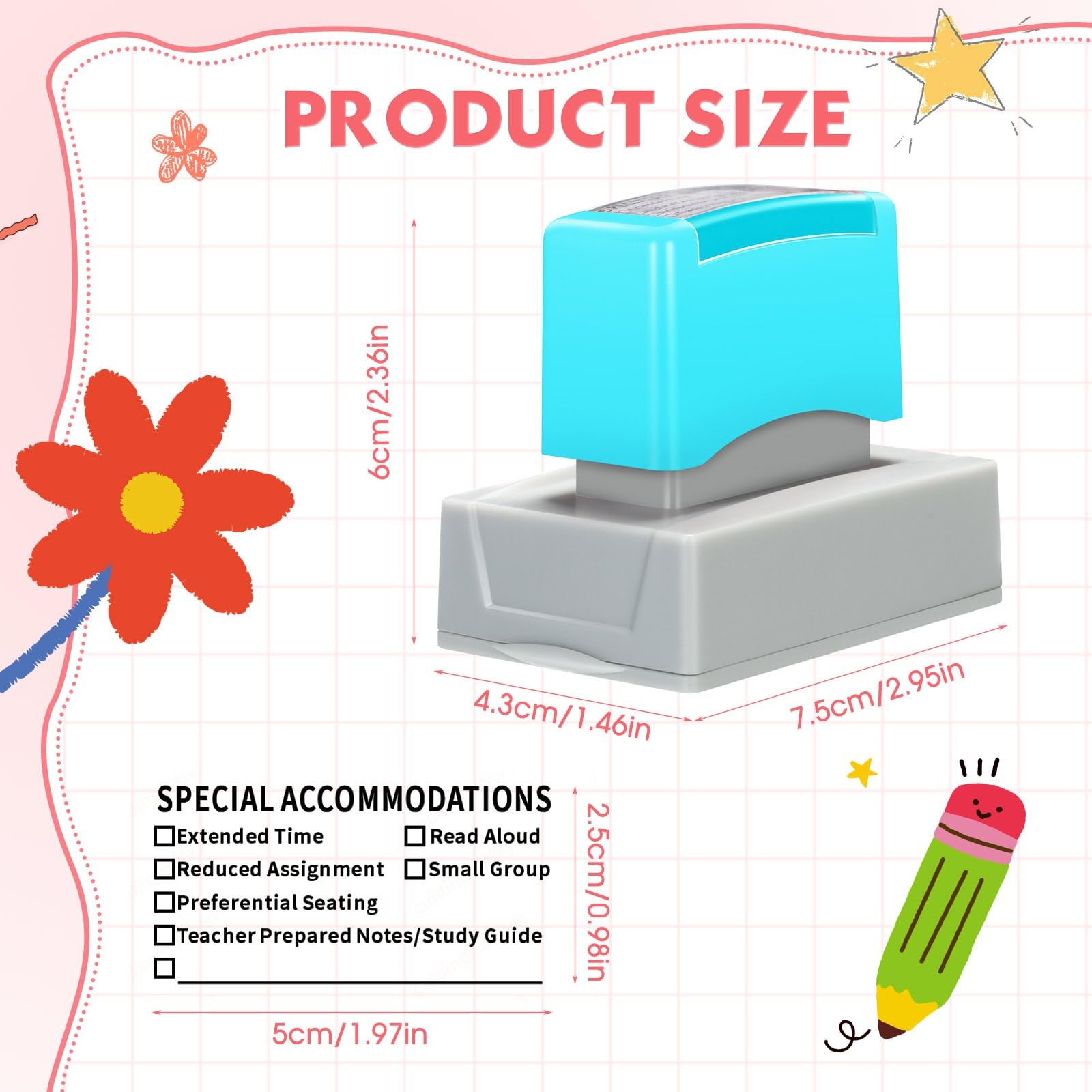 Teacher Stamp Set 3 PCS Self Inking Special Accommodations SPED Rubber Red Blue