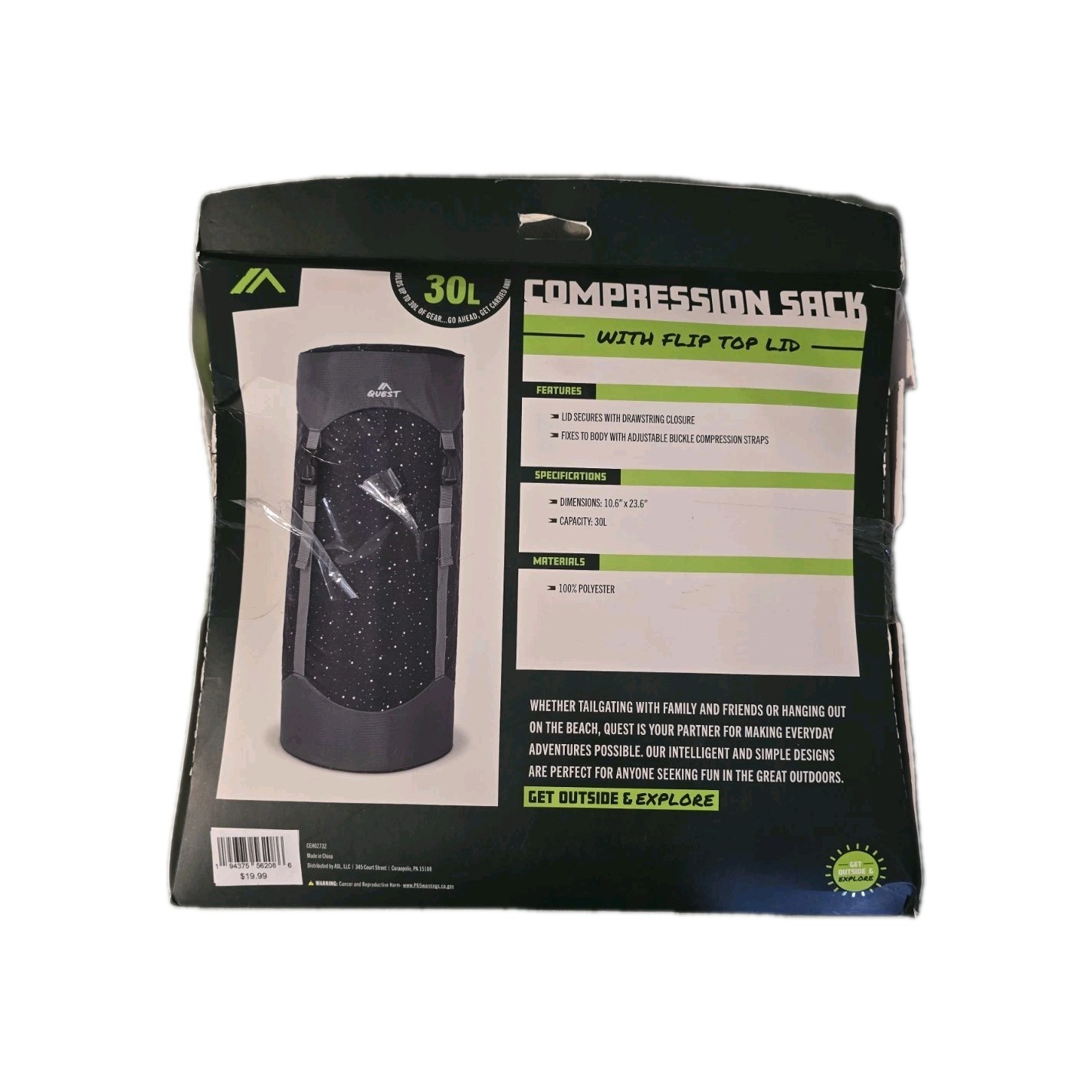 Quest Compression Sack 30L Black Polyester Drawstring Adjustable Straps Clothing