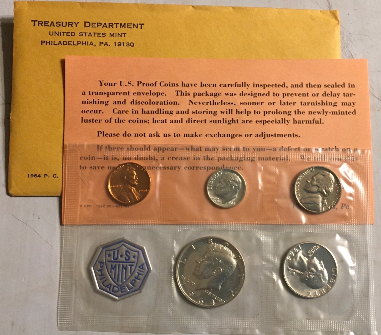 1964 United States Proof Set - OGP & COA - 90% Silver Half Dollar, Quarter, Dime