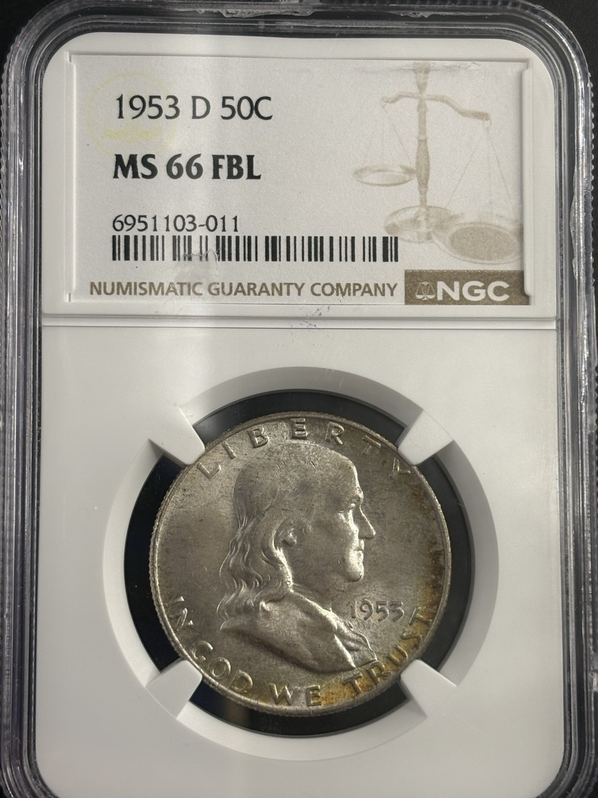 1953 D, FRANKLIN Half,  50C NGC MS66 FB- Golden Edge Toning, Full Bell Lines