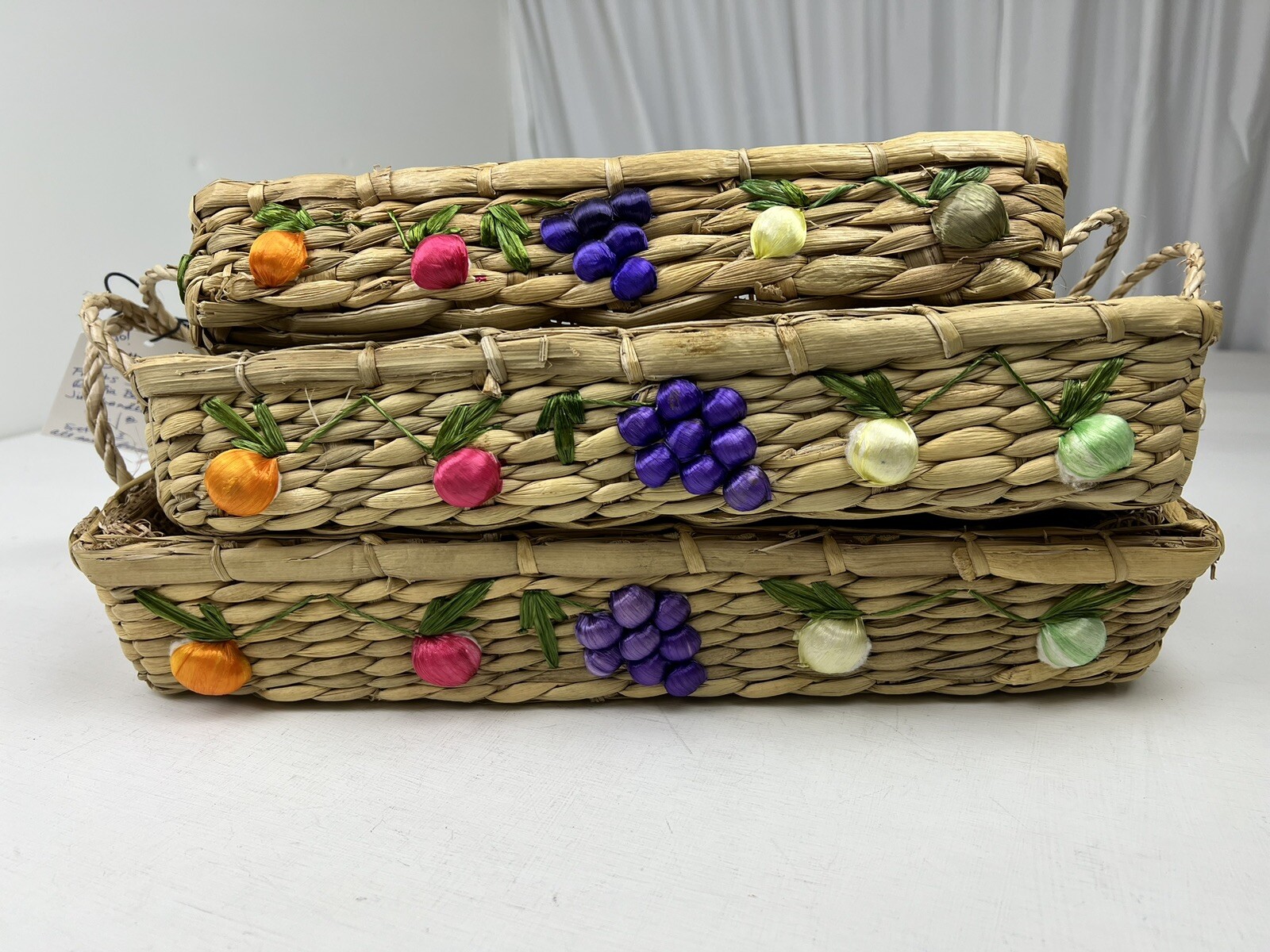 Antique Set Of Hand Made Nesting Baskets Fruits Veggies Rafia Philippines Decor