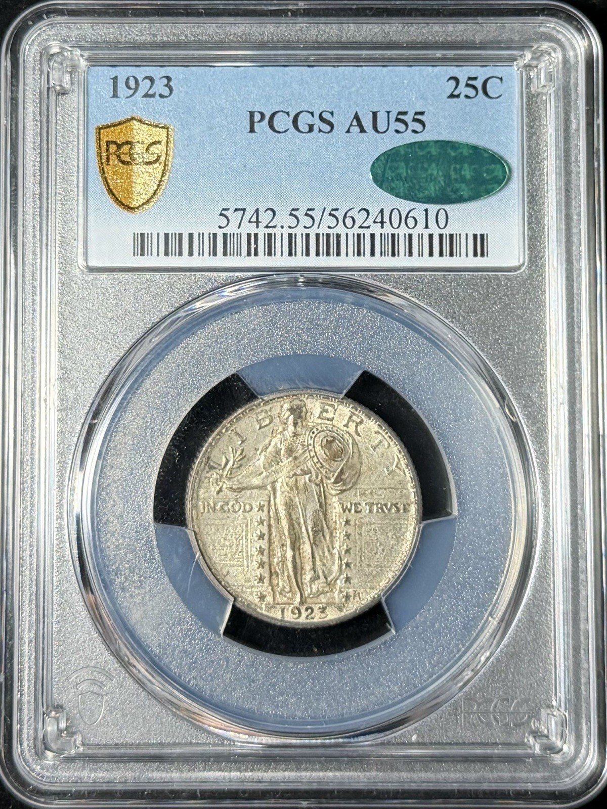 1923 Standing Liberty Quarter 25C AU55 PCGS CAC Super Original And Toned