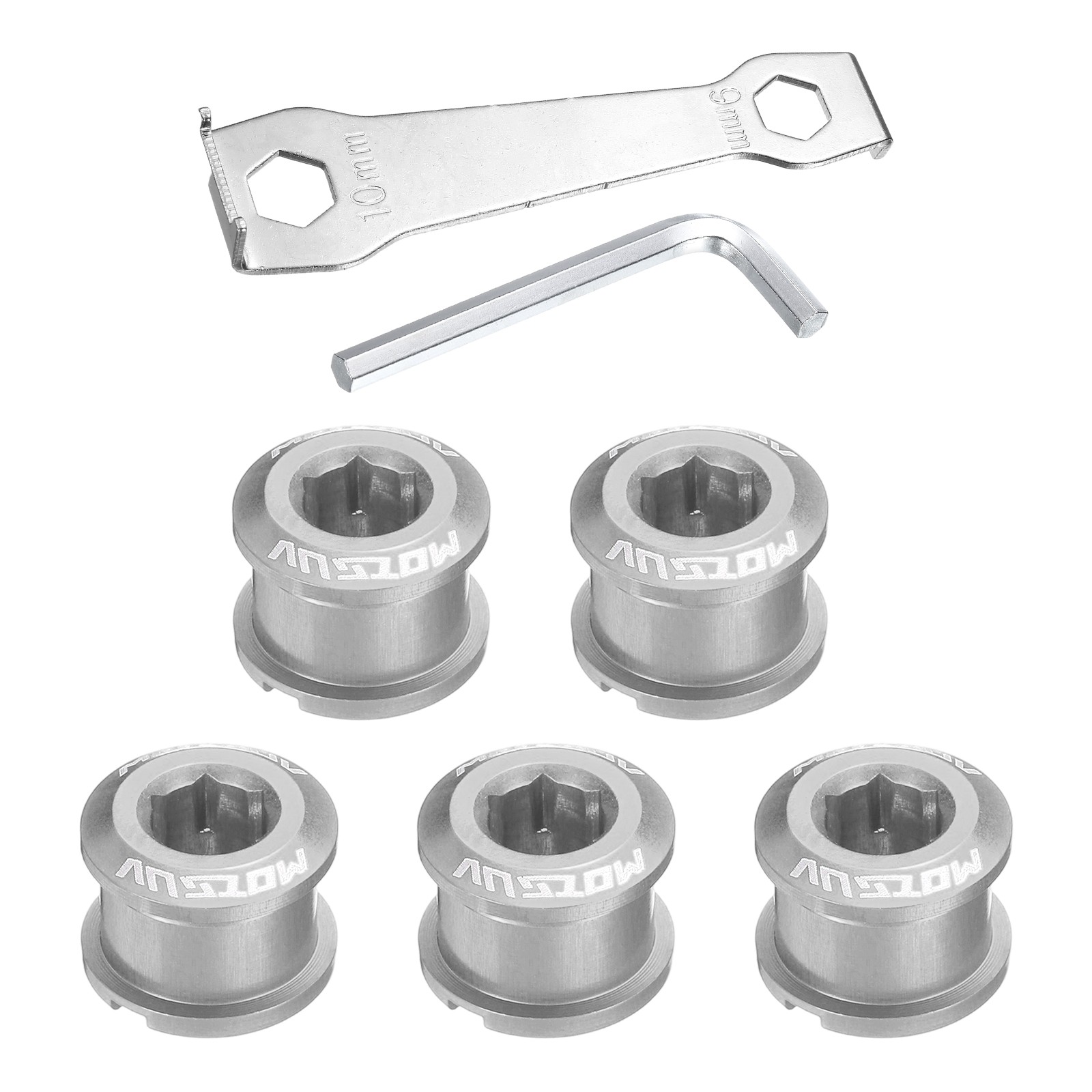5pcs Single Chain Ring Bolt M8 Bike Chainwheel Screw W Mounting Wrench Silver