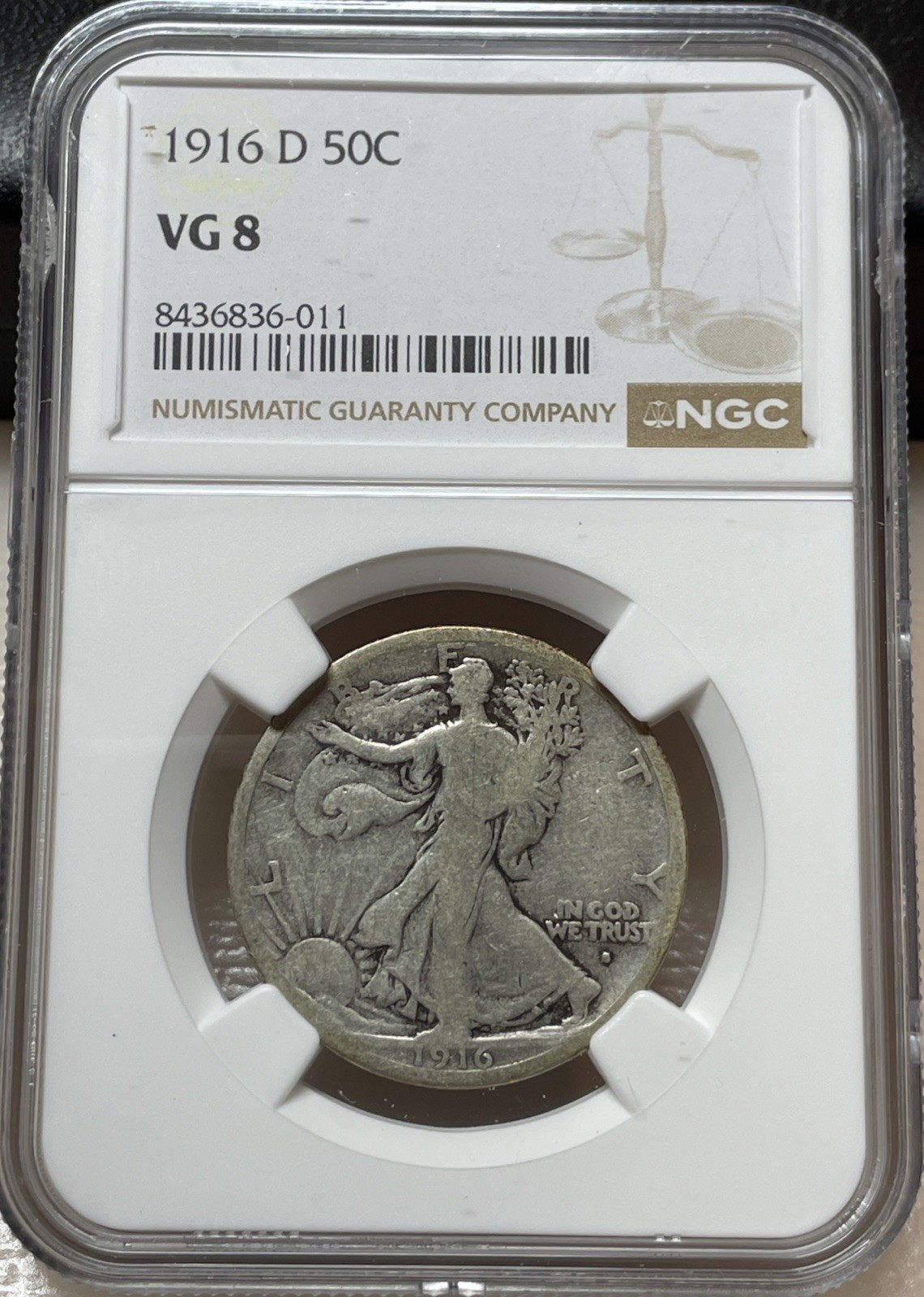 1916 D Liberty Walking Half Dollar NGC VG8 - Freshly Graded!