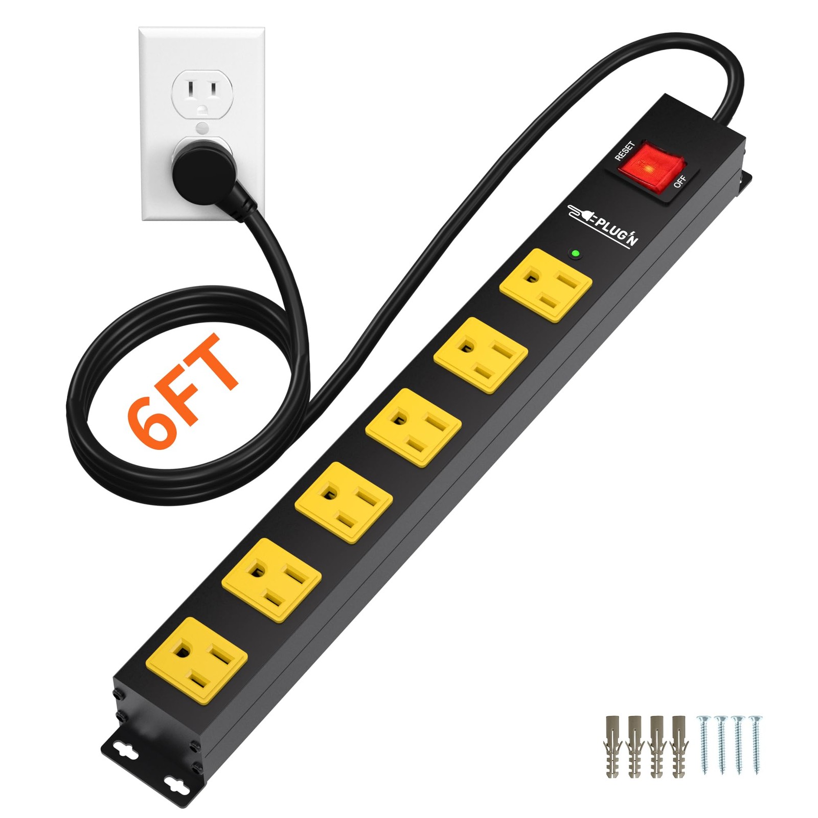Power Strip 2700J Surge Protector 6 Outlet with 6 FT Long Cord Metal