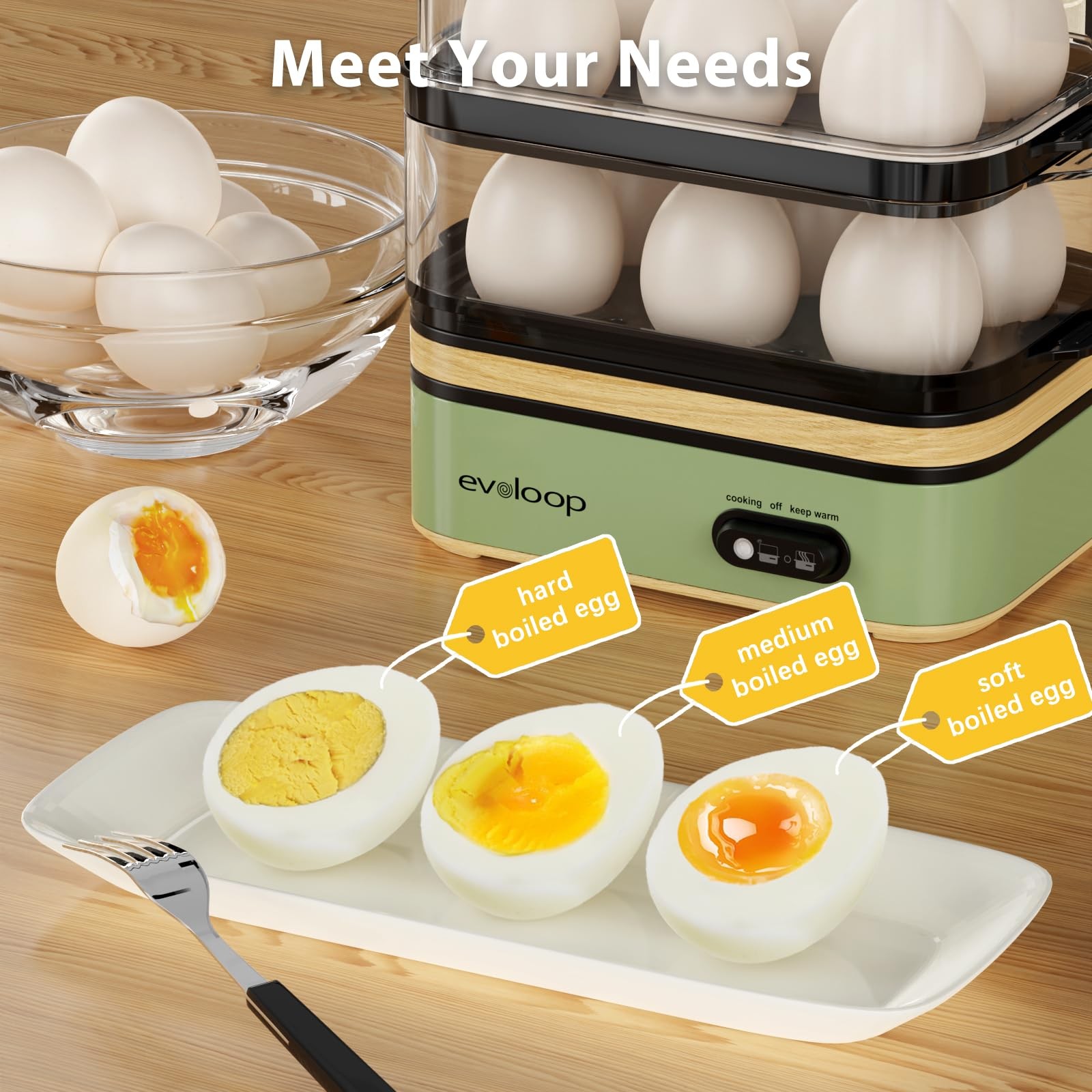 Evoloop Rapid Egg Cooker Electric 12 Eggs Capacity, Soft, 5*7*8, Green