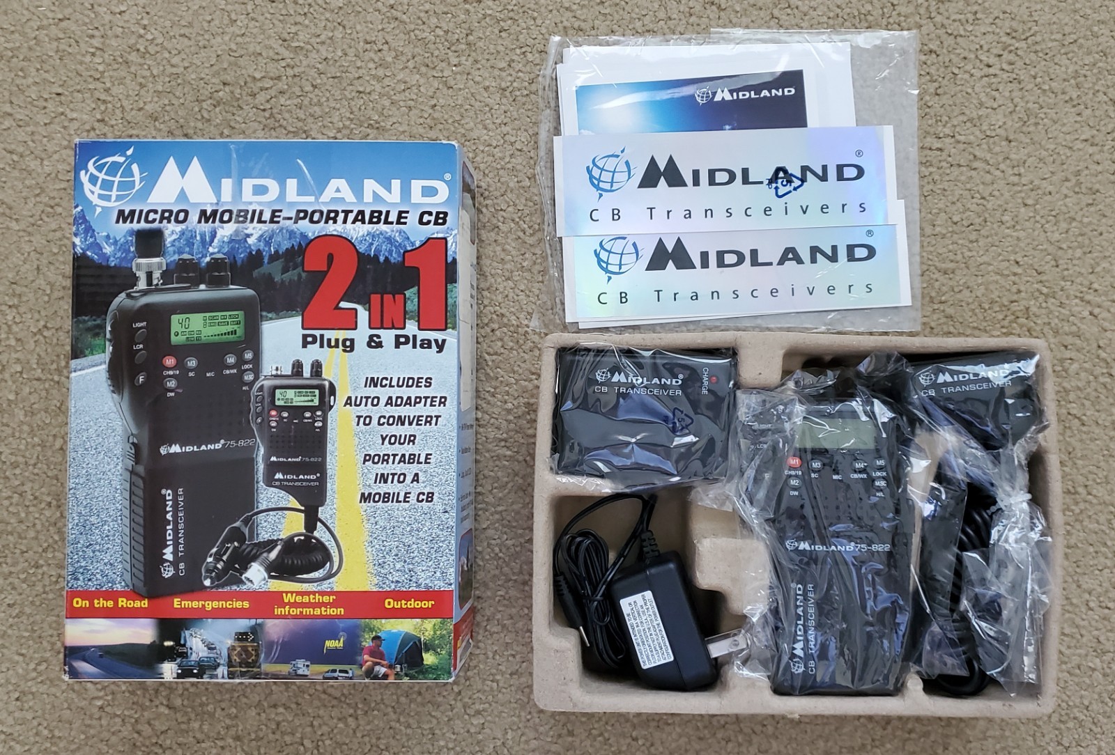 NEW Midland 75-822 Micro Mobile Portable 40 Channels CB 2 in 1 Plug & Play NOAA