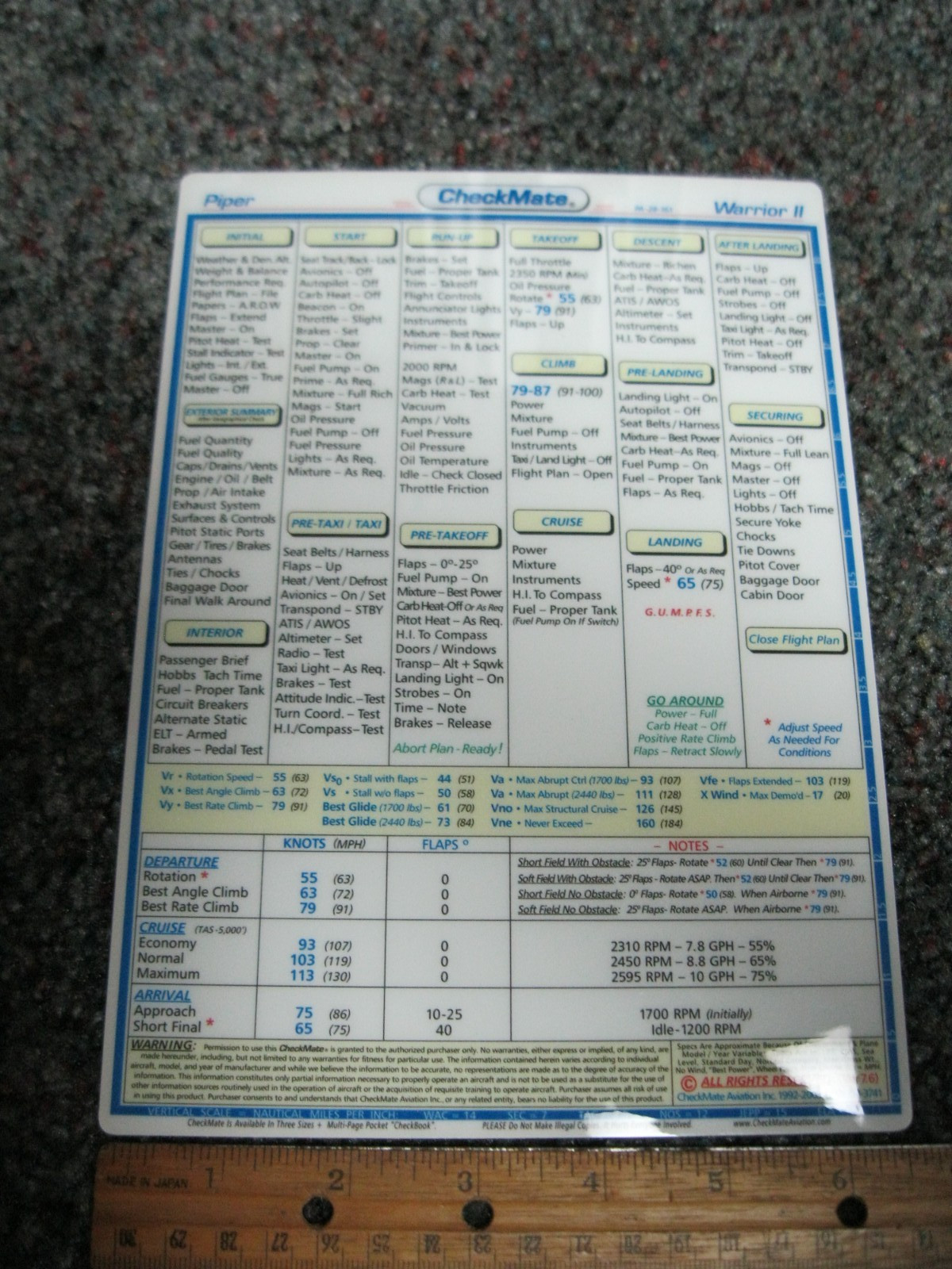 CheckMate Aviation laminated Checklist - Piper Warrior II PA28-161 6 3/4 x 9 3/8