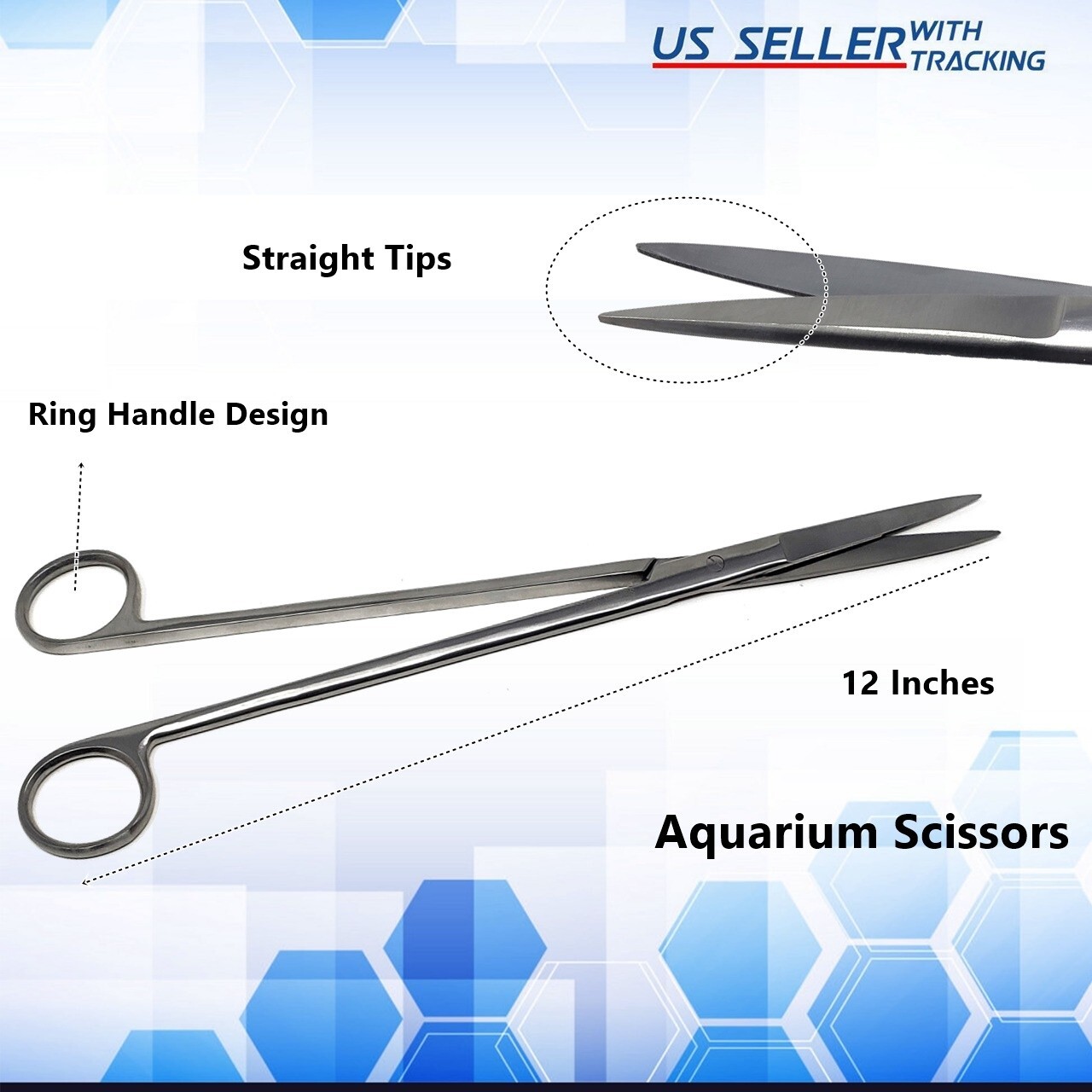 12" Stainless Steel Straight Scissors Aquascaping Cleaning Aquarium Plant Tool