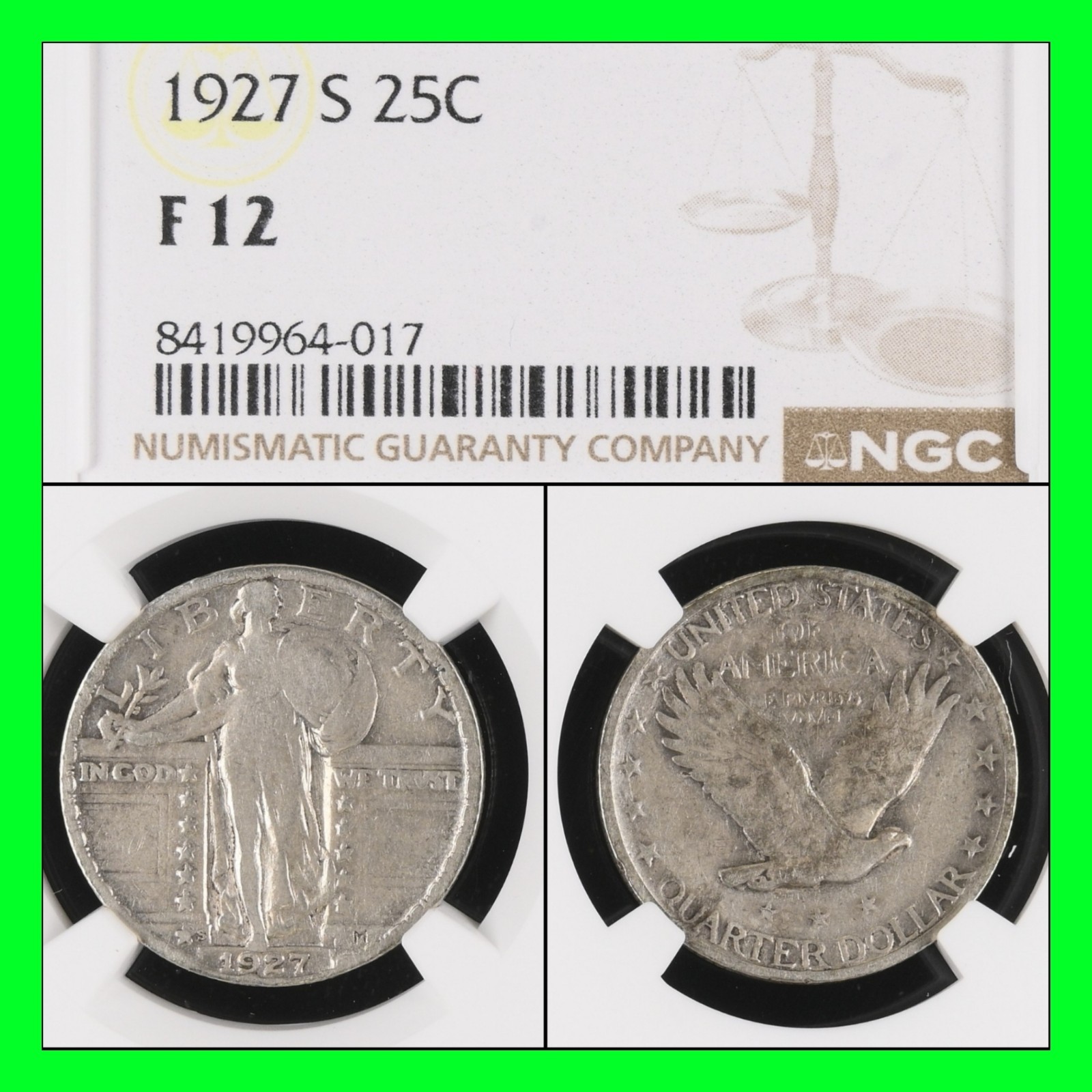 1927 S Standing Liberty 25c Quarter Graded Key Date NGC F 12 Nice Original Coin