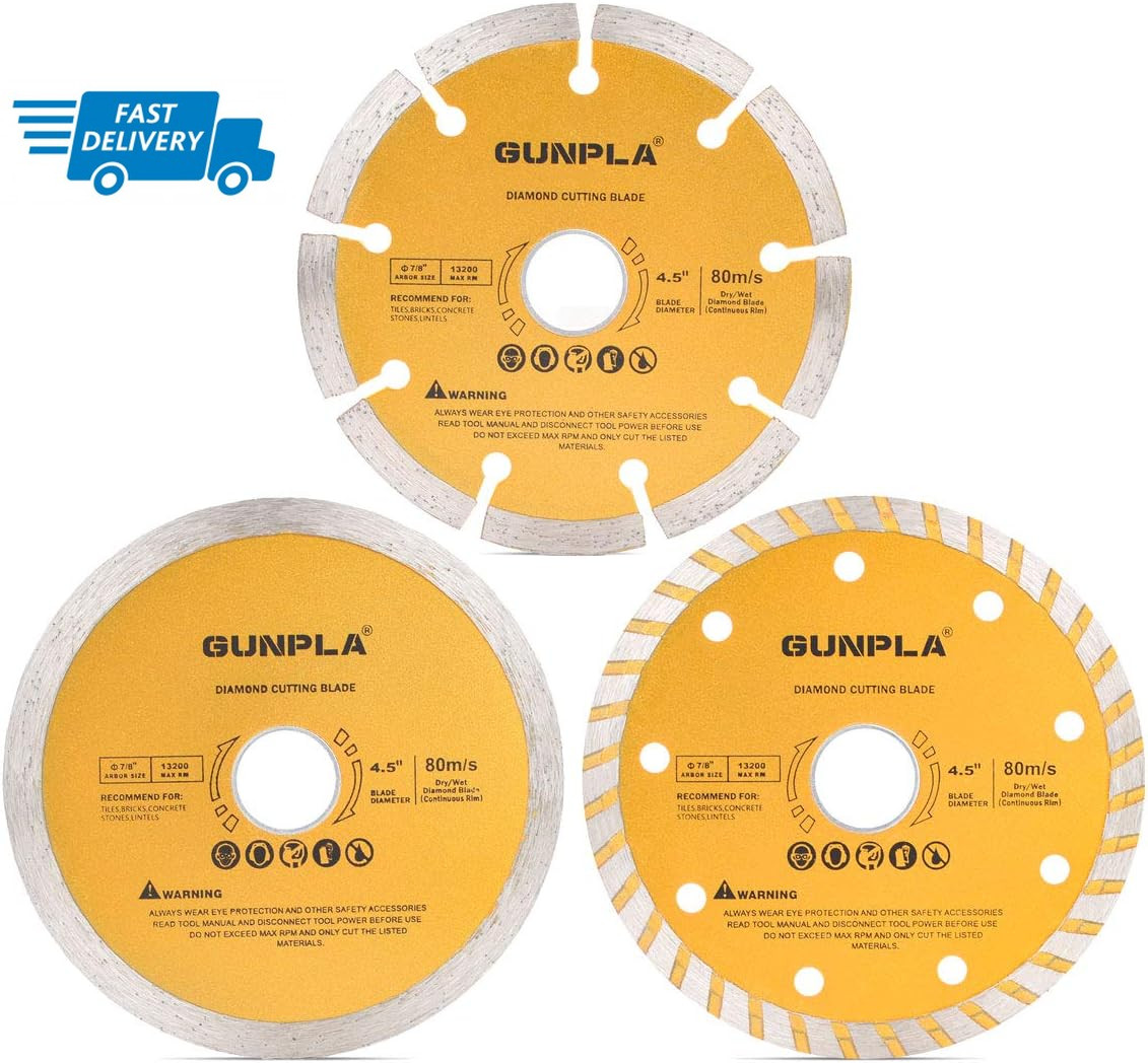 3 Pieces 4-1/2 Inch Diamond Cutting Blade Continuous Segmented Turbo Rim Dry We