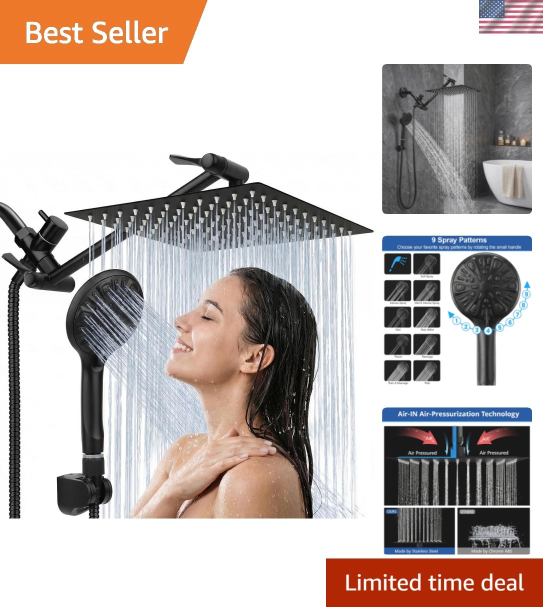Luxury 8-Inch High Pressure Rainfall Shower Head & Handheld Combo - Matte Black