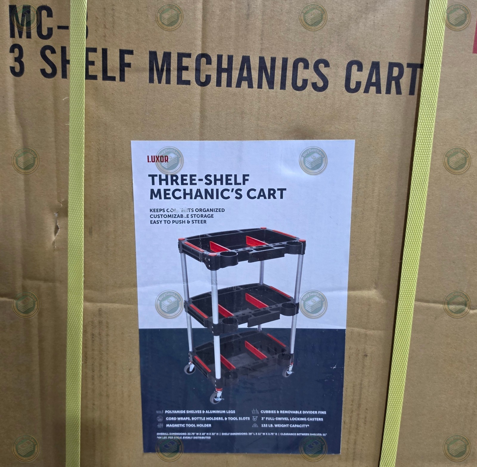 Luxor MC-3 Three-Shelf Mechanics Cart - 3 Shelf - 132lb Capacity - New, Sealed