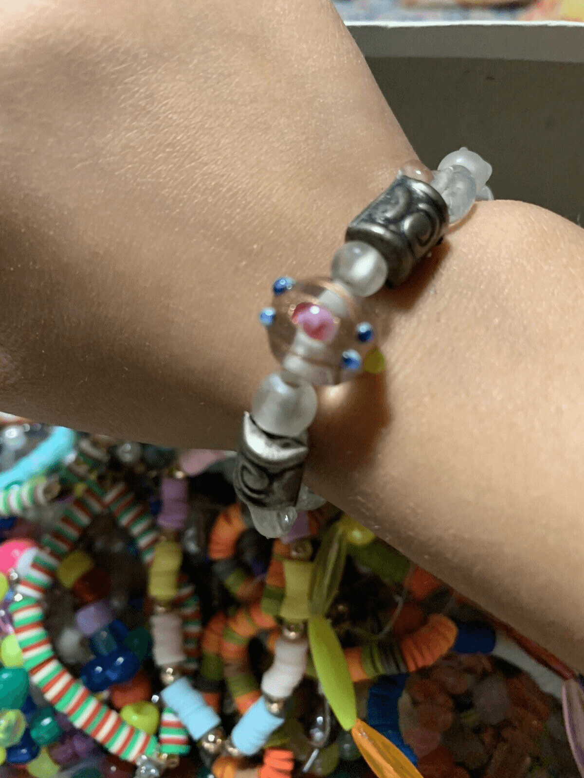 Hand Crafted Bracelet White Glass Beads Stretch Gift made by Lily
