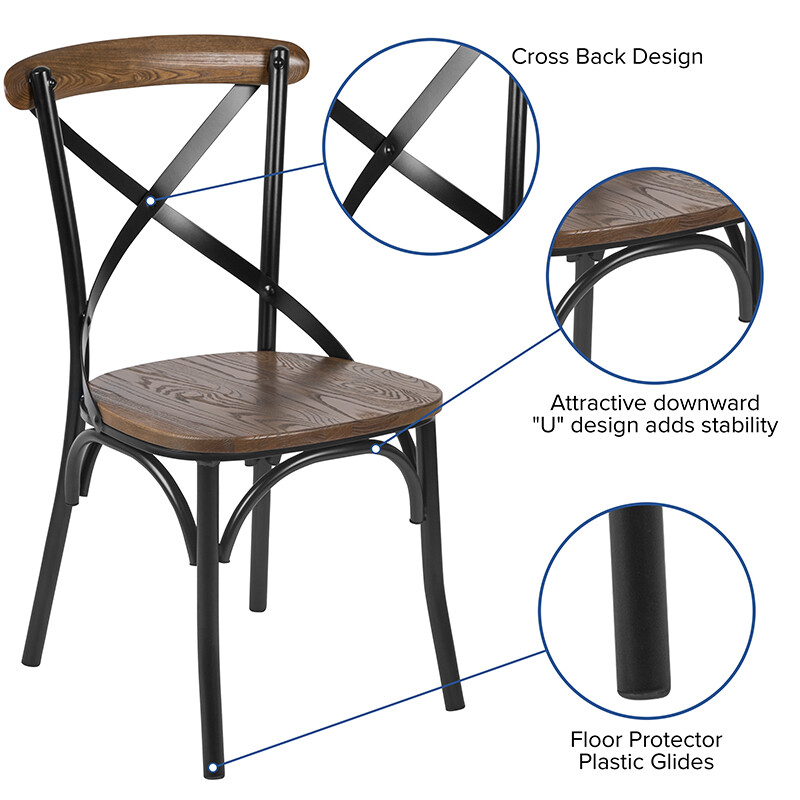 Bistro Style Cross Back Metal Restaurant Chair w/ Metal Bracing & Fruitwood Seat