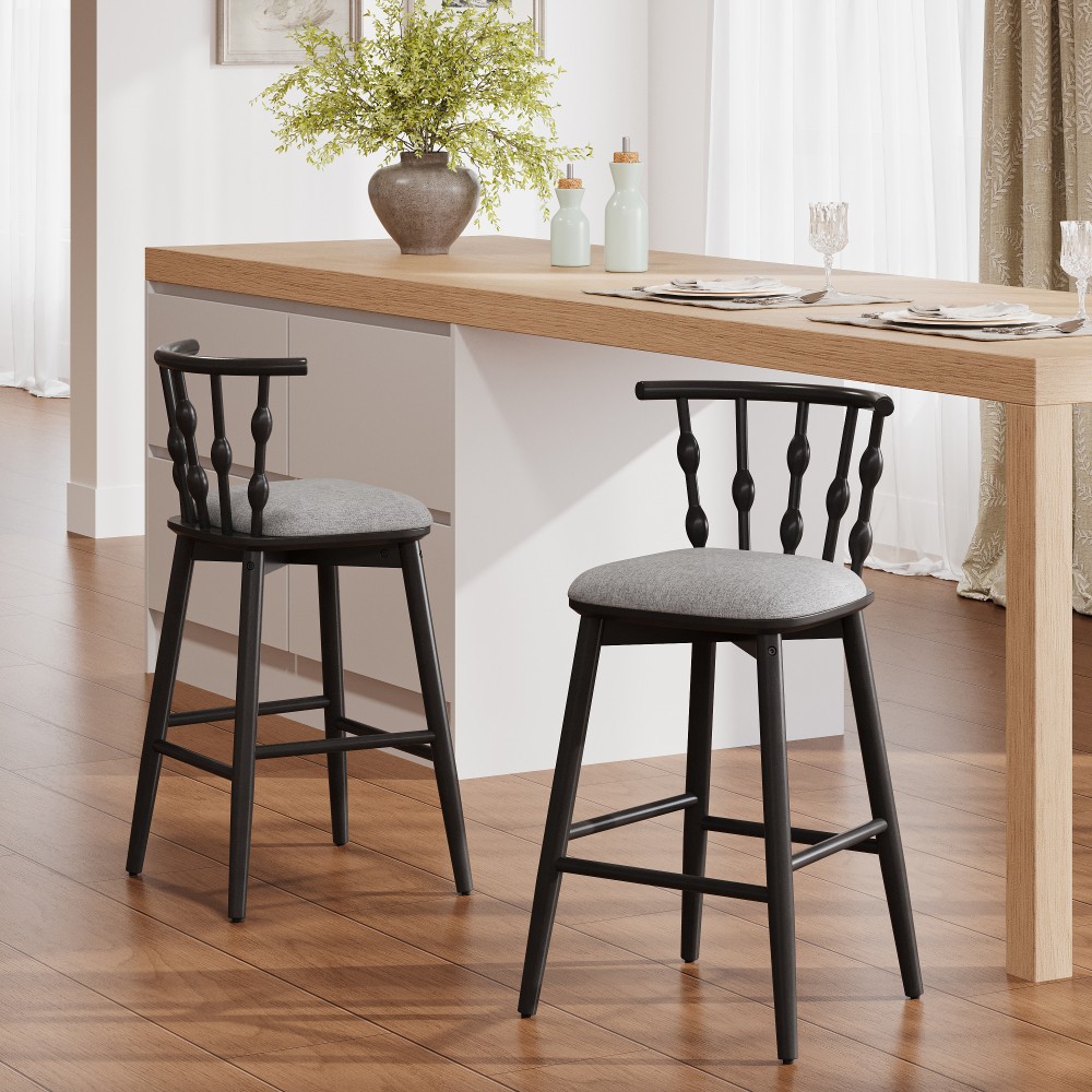 Doria Indoor Wooden Barstool Black Finish With Grey Upholstery Set of 2
