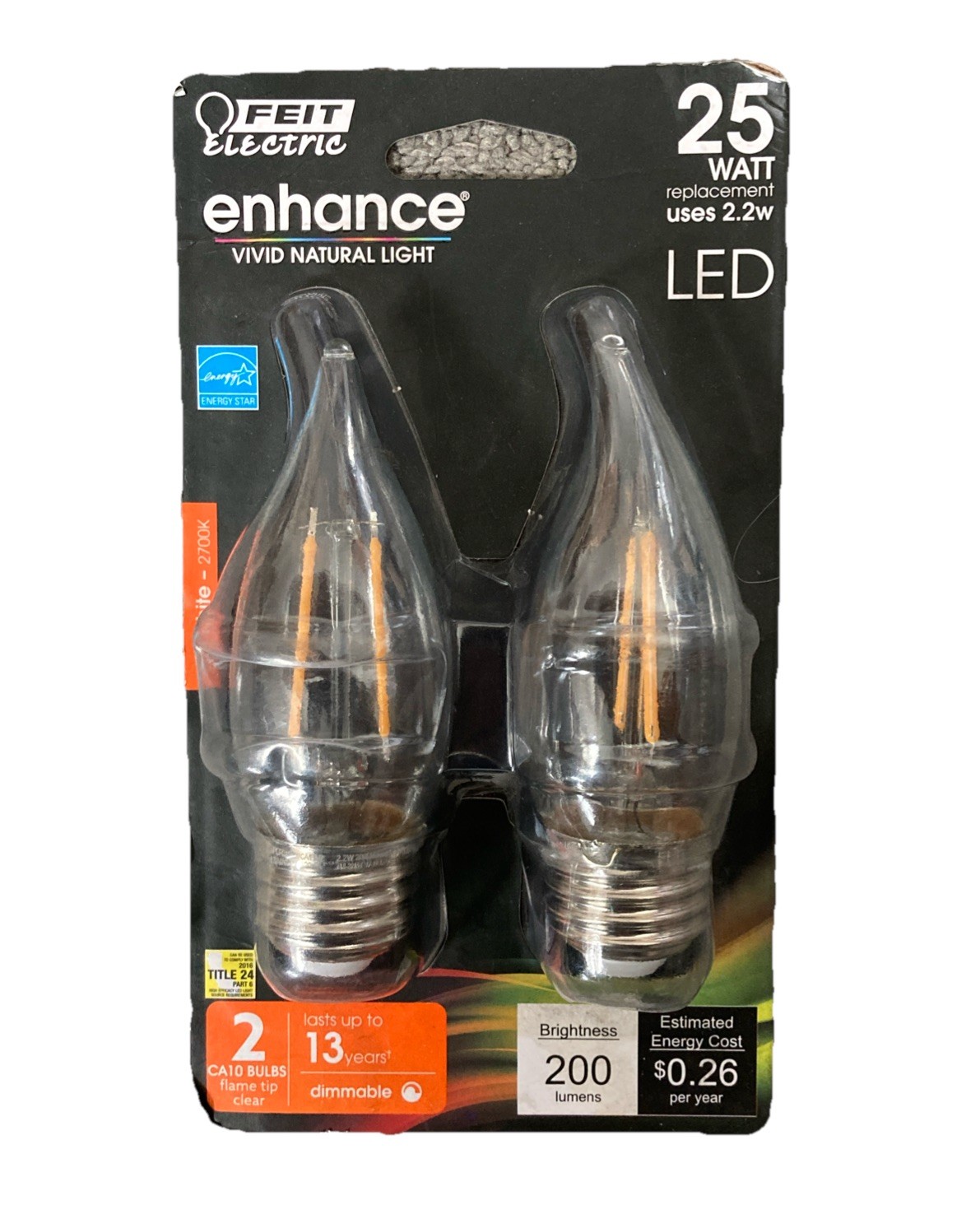 Feit Electric 25-Watt Equivalent CA10 Flame Tip Clear Bulb, Soft White (2-Pack)