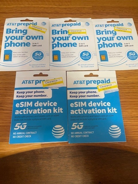Lot of 5 ATT AT&T prepaid eSIM card activation kits eSIM only, NO PLANS INCLUDED