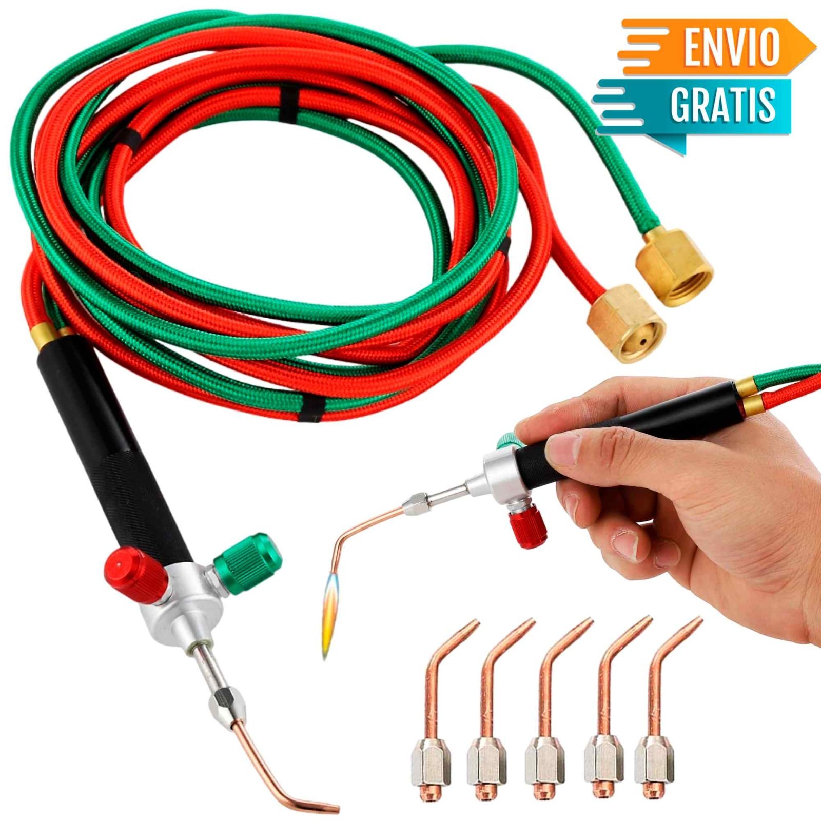 Antorcha Para Soldar Acetileno y Oxígeno Mangueras Flexibles 5 Puntas Soldadura